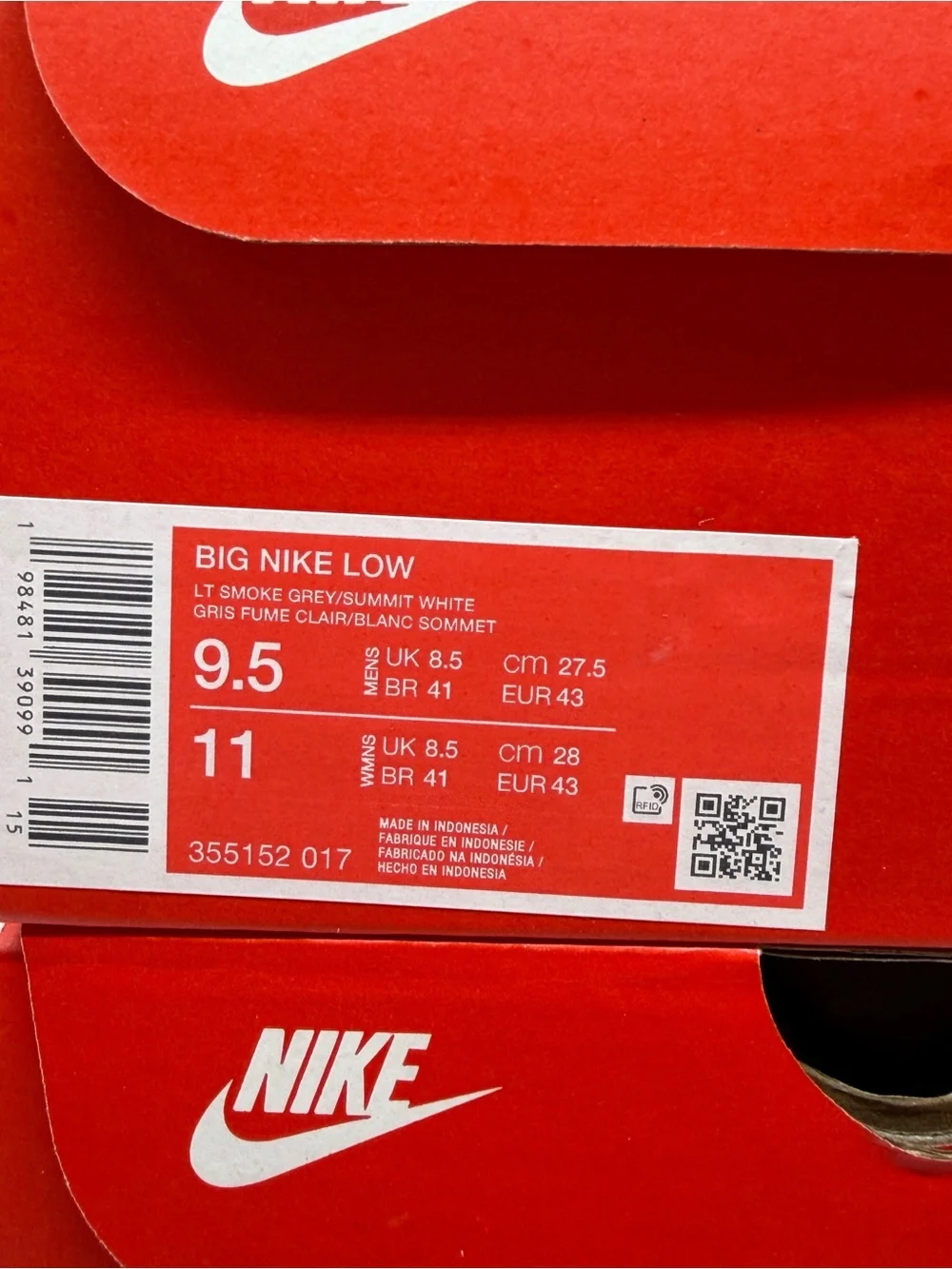Nike Big Low Smoke Grey 355152-017 Men’s Size 9.5